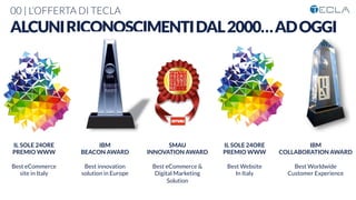 00 | L’OFFERTA DI TECLA
ALCUNIRICONOSCIMENTIDAL2000…ADOGGI
IBM
COLLABORATION AWARD

Best Worldwide
Customer Experience

IL SOLE 24ORE
PREMIO WWW

Best Website
In Italy
IBM 
BEACON AWARD

Best innovation 
solution in Europe

IL SOLE 24ORE
PREMIO WWW

Best eCommerce
site in Italy 
SMAU
INNOVATION AWARD

Best eCommerce &
Digital Marketing
Solution

 