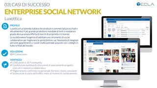03| CASI DI SUCCESSO
ENTERPRISESOCIALNETWORK
Luxottica
PROFILO
Luxottica è un'azienda italiana che produce e commercializza occhiali e
attualmente è il più grande produttore mondiale di lenti e montature
grazie alla sua ampia offerta di marchi di proprietà e in licenza.
La società aveva l’esigenza di adottare uno strumento di social
collaboration per migliorare la spinta bottom-up. Necessità di integrare
persone appartenenti a nuove realtà aziendali acquisiti con i colleghi in
tutte le ﬁliali del mondo

SOLUZIONE
IBM Connections

VANTAGGI:
ü 1700 utenti in 167 community
ü Condivisione dashboard e documenti di avanzamento progetto
costruiti in maniuera collaborativa
ü Miglioramento confronto tra personale, fornitori, clienti, consulenti
ü Sostituzione di parte del trafﬁco mail e di riunioni di coordinamento
K	
  
j	
  
å	
  
 