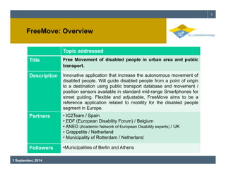 FreeMove: 2 
Overview 
Topic addressed 
Title Free Movement of disabled people in urban area and public 
transport. 
Descr...