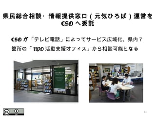 CSO が「テレビ電話」によってサービス広域化、県内７
箇所の「 NPO 活動支援オフィス」から相談可能となる
県民総合相談・情報提供窓口（元気ひろば）運営を
CSO へ委託
11
 