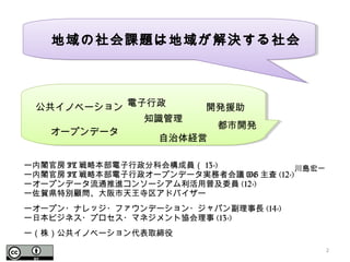 ー内閣官房 IT 戦略本部電子行政分科会構成員（ 13-)
ー内閣官房 IT 戦略本部電子行政オープンデータ実務者会議 WG 主査 (12-)
ーオープンデータ流通推進コンソーシアム利活用普及委員 (12-)
ー佐賀県特別顧問、大阪市天王寺区アドバイザー
ーオープン・ナレッジ・ファウンデーション・ジャパン副理事長 (14-)
ー日本ビジネス・プロセス・マネジメント協会理事 (13-)
ー（株）公共イノベーション代表取締役
2
都市開発
オープンデータ
自治体経営
公共イノベーション
地域の社会課題は地域が解決する社会地域の社会課題は地域が解決する社会
開発援助
知識管理
電子行政
川島宏一
 