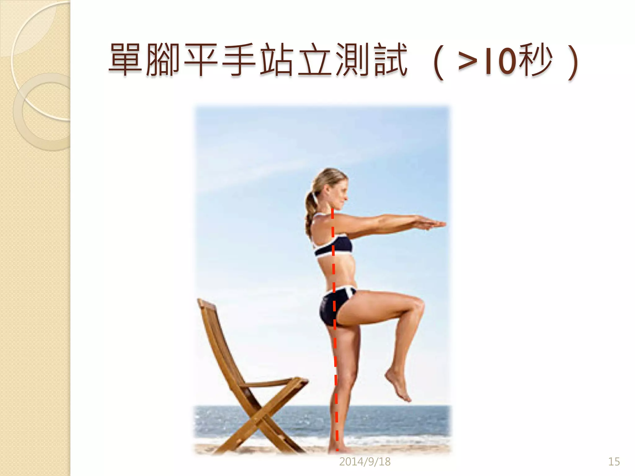 單腳平手站立測試 （>10秒） 
2014/9/18 
15 
 