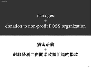2014/07/20
14
damages
+
donation to non-profit FOSS organization
損害賠償
+
對非營利自由開源軟體組織的捐款
 
