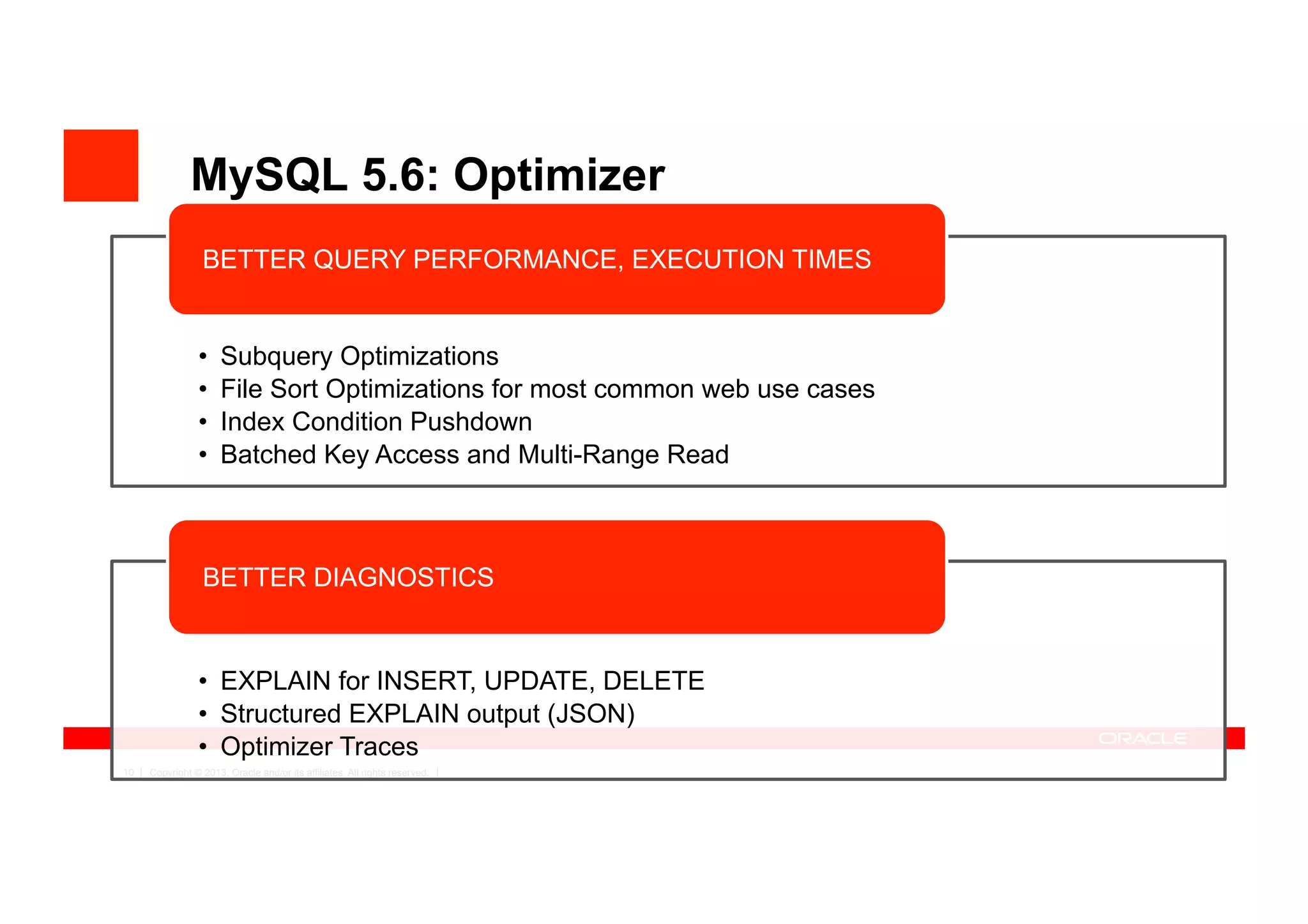 Copyright © 2013, Oracle and/or its affiliates. All rights reserved.10
MySQL 5.6: Optimizer
 
