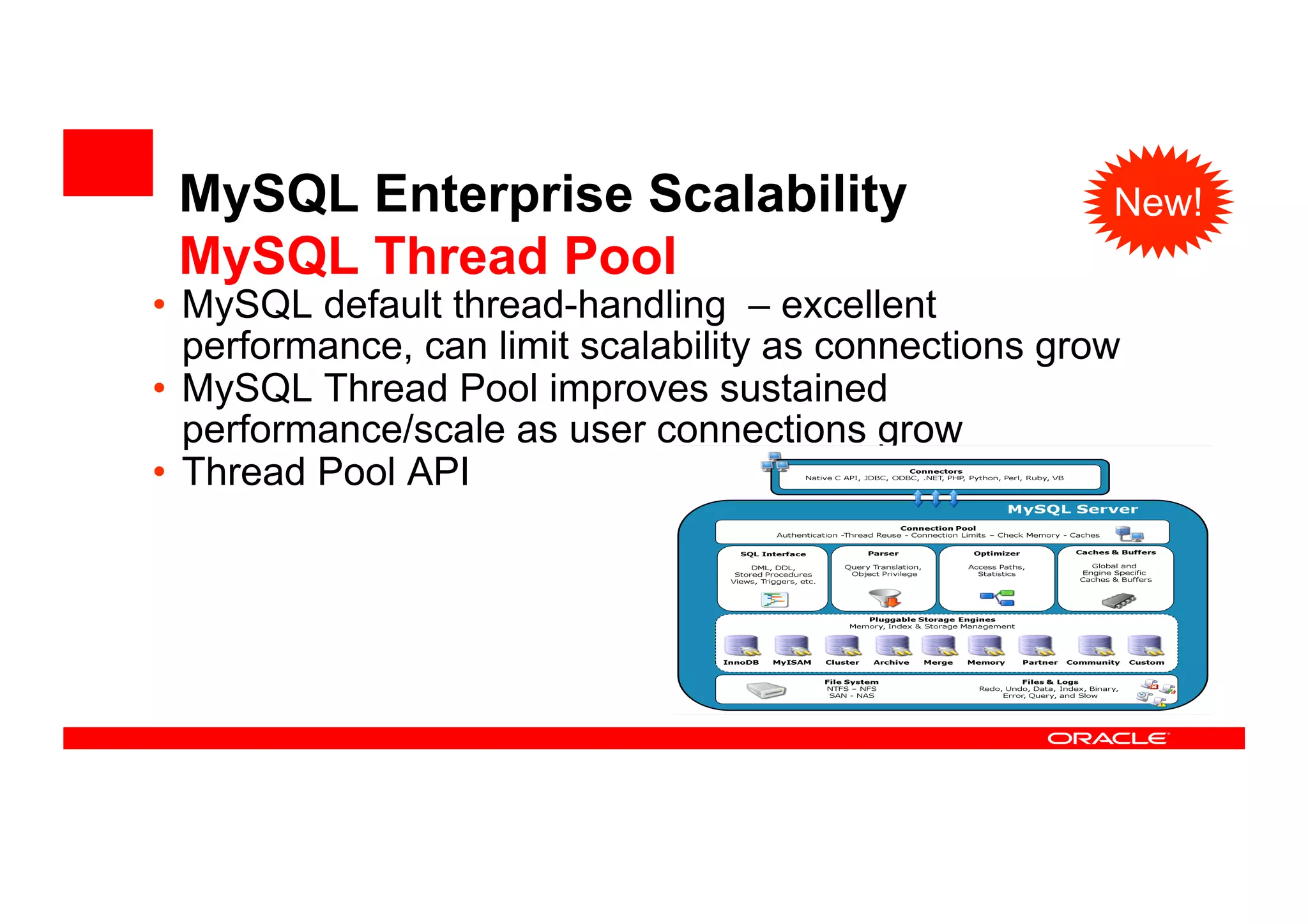 MySQL Enterprise Scalability
MySQL Thread Pool
• MySQL default thread-handling – excellent
performance, can limit scalability as connections grow
• MySQL Thread Pool improves sustained
performance/scale as user connections grow
• Thread Pool API
New!
 