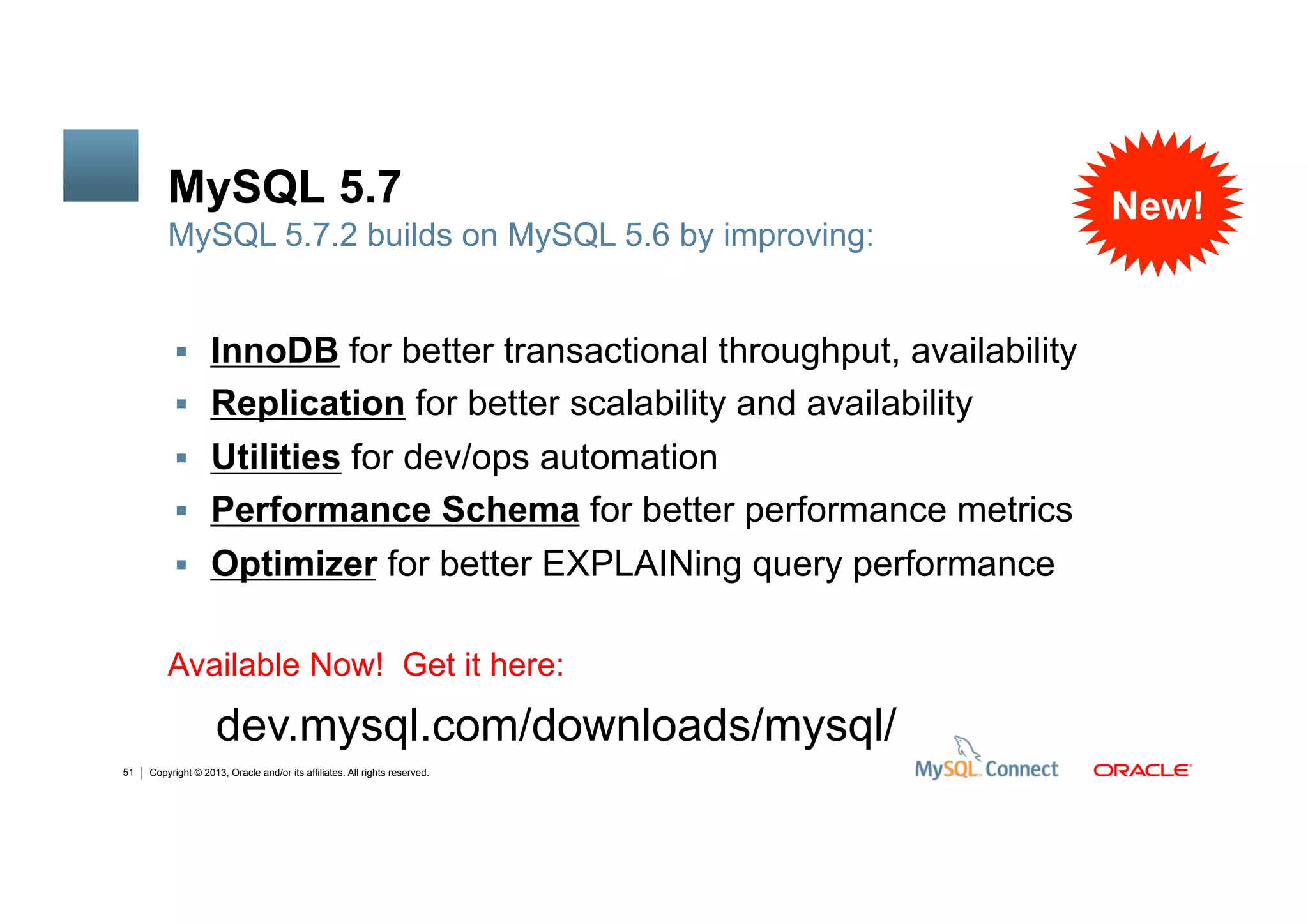 Copyright © 2013, Oracle and/or its affiliates. All rights reserved.46
MySQL 5.7
 InnoDB for better transactional throughput, availability
 Replication for better scalability and availability
 Utilities for dev/ops automation
 Performance Schema for better performance metrics
 Optimizer for better EXPLAINing query performance
Available Now! Get it here:
MySQL 5.7.2 builds on MySQL 5.6 by improving:
dev.mysql.com/downloads/mysql/
New!
 