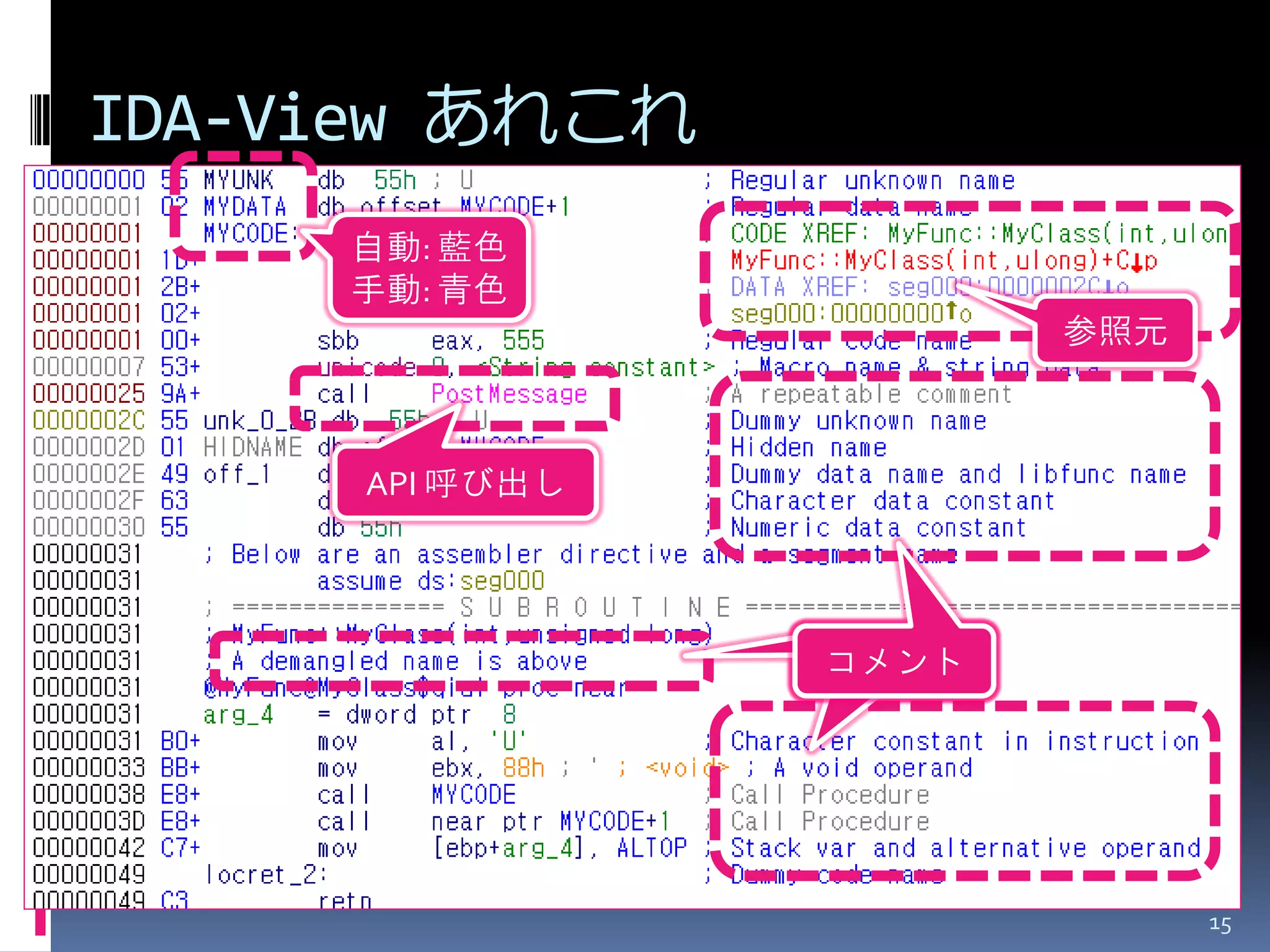 IDA-View あれこれ 
15 
API 呼び出し 
自動: 藍色 
手動: 青色 
参照元 
コメント 
 