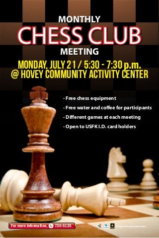 In support of the Army Family Covenant
monday, july 21 / 5:30 - 7:30 p.m.
@ hovey Community Activity Center
For more information, 730-5125
- Free chess equipment
- Free water and coffee for participants
- Different games at each meeting
- Open to USFK I.D. card holders
CHESS CLUB
MONTHLY
MEETING
 