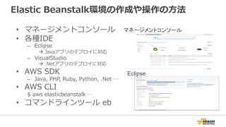 Elastic  Beanstalk環境の作成や操作の⽅方法
•  マネージメントコンソール
•  各種IDE
–  Eclipse  
à  Javaアプリのデプロイに対応
–  VisualStudio
à  .Netアプリのデプロイに対応
•  AWS  SDK
–  Java,  PHP,  Ruby,  Python,  .Net  …  
•  AWS  CLI
$  aws  elasticbeanstalk  …
•  コマンドラインツール  eb
マネージメントコンソール
Eclipse
 