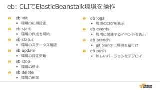 eb:  CLIでElasticBeanstalk環境を操作
"     eb  init
§  環境の初期設定
"     eb  start
§  環境の作成を開始
"     eb  status
§  環境のステータス確認
"     eb  update
§  環境の設定更更新
"     eb  stop
§  環境の停⽌止
"     eb  delete
§  環境の削除
"     eb  logs
§  環境のログを表⽰示
"     eb  events
§  環境に関連するイベントを表⽰示
"     eb  branch
§  git  branchに環境を紐紐付け
"     eb  push
§  新しいバージョンをデプロイ
 