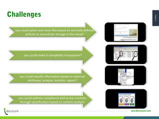 PAGE4
www.DocuLynx.com
you could classify information based on external
attributes: analyze, monitor, report?
you could select and move files based on centrally defined
policies to second tier storage in the cloud?
you could make it completely transparent?
you could address compliance and access controls
through classification based on content analysis
Challenges
 