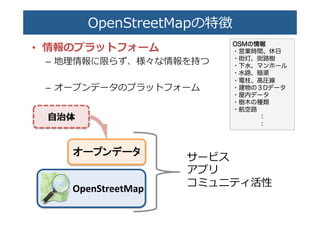 OpenStreetMapの特��
•  情報のプラットフォーム�
–  地理理情報に限らず、様々な情報を持つ�
–  オープンデータのプラットフォーム�
OOSSMMのの情情報報
・営業時間、休日
・街灯、街路樹
・下水、マンホール
・水路、暗渠
・電柱、高圧線
・建物の３Dデータ
・屋内データ
・樹木の種類
・航空路
：
：
OpenStreetMap	
	
⾃自治体�
オオーーププンンデデーータタ	
	
サービス�
アプリ�
コミュニティ活性�
�
 