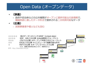 Open  Data  (オープンデータ)�
•  （��）�
–  政府や⾃自治体などの公共機関がオープンに提供可能な⾏行行政情報で、�
機械判読に適したデータ形式で提供される⼆二次利利⽤用可能なデータ�
•  （��）�
–  ⺠民�事業者や個⼈人なども���
☆☆☆☆☆ �他のデータへのリンクàRDF（Linked  data)�
☆☆☆☆ ��� 　 　RDF、XMLでの公開  àWeb��のフォーマット�
☆☆☆ � 　 　CSVでの公開  àオープンで利利⽤用できるフォーマット�
☆☆ �� 　 　 　 　EXCELでの公開  àコンピュータで編集可能な形式�
☆ �� 　 　 　 　PDFでの公開  àオープンライセンスで公開�
��� 　 　 　 　 　（ただ、画像は再利利⽤用出来ないので、実質NGかと）�
参考：http://5stardata.info/ja/�
 