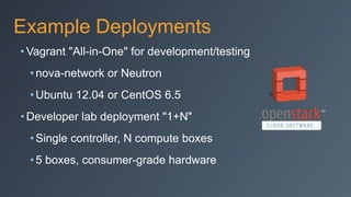 Example Deployments
• Vagrant "All-in-One" for development/testing
•nova-network or Neutron
•Ubuntu 12.04 or CentOS 6.5
• Developer lab deployment "1+N"
•Single controller, N compute boxes
•5 boxes, consumer-grade hardware
 