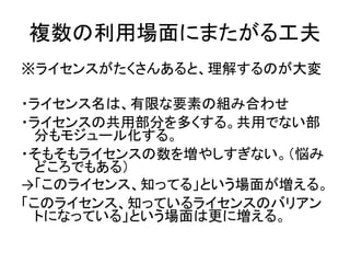 複数の利用場面にまたがる工夫
※ライセンスがたくさんあると、理解するのが大変
・ライセンス名は、有限な要素の組み合わせ
・ライセンスの共用部分を多くする。共用でない部
分もモジュール化する。
・そもそもライセンスの数を増やしすぎない。（悩み
ど...