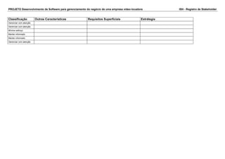 PROJETO Desenvolvimento de Software para gerenciamento do negócio de uma empresa vídeo-locadora ISH - Registro de Stakeholder
Classificação Outras Caracteristicas Requisitos Superficiais Estrátegia
Gerenciar com atenção
Gerenciar com atenção
Mínimo esforço
Manter informado
Manter informado
Gerenciar com atenção
 