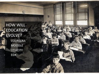 HOW	
  WILL	
  
EDUCATION	
  
EVOLVE?	
  
COURSERA	
  
MOODLE	
  
UDACITY	
  
EDX	
  
 
