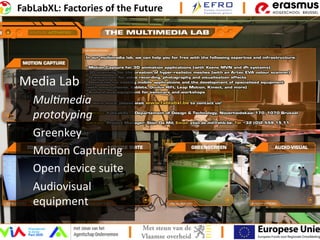 Media	
  Lab	
  
Mul2media	
  
prototyping	
  
Greenkey	
  
Mo6on	
  Capturing	
  
Open	
  device	
  suite	
  
Audiovisual	
  
equipment	
  
	
  
 