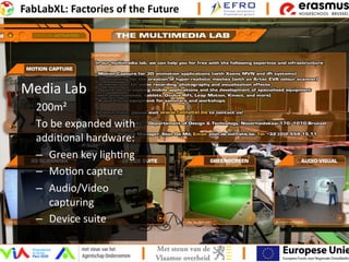Media	
  Lab	
  
200m²	
  
To	
  be	
  expanded	
  with	
  
addi6onal	
  hardware:	
  
–  Green	
  key	
  ligh6ng	
  
–  Mo6on	
  capture	
  
–  Audio/Video	
  
capturing	
  
–  Device	
  suite	
  
 