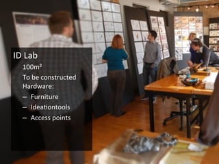 ID	
  Lab	
  
100m²	
  
To	
  be	
  constructed	
  
Hardware:	
  
–  Furniture	
  
–  Idea6ontools	
  	
  
–  Access	
  points	
  
 