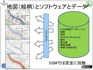 77
77
＜OSM地理データベース＞
・道路
・地形
・POI(Point Of Interest)
・植生
・電力線
・禁煙/喫煙
・車椅子利用可否
・…
OSMでは完全に別物
ソ
フ
ト
ウ
ェ
ア
地図（絵柄）とソフトウェアとデータ
 