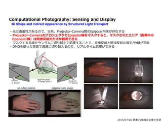 2014/07/26 関東CV勉強会@東大生研
Computational Photography: Sensing and Display
3D Shape and Indirect Appearance by Structured Light Transport
- 光は直進性があるので，当然，Projector-Camera間のEpipolar拘束が存在する
- Projector-CameraのプロジェクタでEpipolar線をマスクすると，マスクされたエリア（画像中の
Epopolar線）は間接反射光だけが観測できる
- マスクするる線をランダムに切り替えて処理することで，直接反射と間接反射の推定/分離が可能
- DMDを使った実装で高速に切り替えるので，リアルタイム処理ができる
 