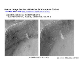 2014/07/26 関東CV勉強会@東大生研
Dense Image Correspondences for Computer Vision
SIFT flow (ECCV2008) http://people.csail.mit.edu/celiu/SIFTflow/
- 火星の画像：日を空けた２枚の画像の位置合わせ
・視点の違いだけでなく，地形変化，日照条件の違いなどがある
入力画像組（左右入れ替えて表示）
 