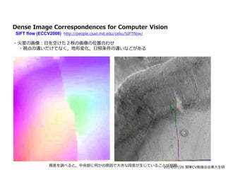 2014/07/26 関東CV勉強会@東大生研
Dense Image Correspondences for Computer Vision
SIFT flow (ECCV2008) http://people.csail.mit.edu/celiu/SIFTflow/
- 火星の画像：日を空けた２枚の画像の位置合わせ
・視点の違いだけでなく，地形変化，日照条件の違いなどがある
視差を調べると，中央部に何かの原因で大きな段差が生じていることが判明
 