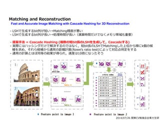 2014/07/26 関東CV勉強会@東大生研
Matching and Reconstruction
Fast and Accurate Image Matching with Cascade Hashing for 3D Reconstruction
- LSHで生成するbit列が短い→Matching精度が悪い
- LSHで生成するbit列が長い→処理時間が長い（演算時間だけでなくメモリ帯域も重要）
- 提案手法 = Cascade Hashing (複数の短bit長のLSHを生成して，Cascadeする)
- 実際にはハッシングだけで解決するのではなく，短bit長のLSHでMatchingした上位から順にk個の候
補を求め，それら候補から通常の距離計算(Rowe’s ratio test)によって対応点判定をする
- 通常の計算とほぼ同等の結果が得られ，速度は10倍になったそう
 