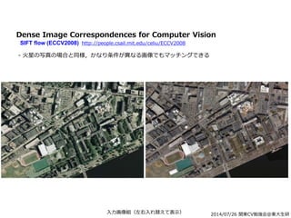 2014/07/26 関東CV勉強会@東大生研
Dense Image Correspondences for Computer Vision
SIFT flow (ECCV2008) http://people.csail.mit.edu/celiu/ECCV2008
- 火星の写真の場合と同様，かなり条件が異なる画像でもマッチングできる
入力画像組（左右入れ替えて表示）
 
