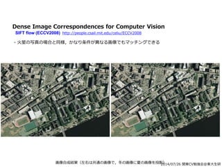 2014/07/26 関東CV勉強会@東大生研
Dense Image Correspondences for Computer Vision
SIFT flow (ECCV2008) http://people.csail.mit.edu/celiu/ECCV2008
- 火星の写真の場合と同様，かなり条件が異なる画像でもマッチングできる
画像合成結果（左右は共通の画像で，冬の画像に夏の画像を投影）
 