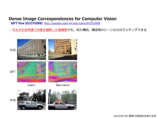 2014/07/26 関東CV勉強会@東大生研
Dense Image Correspondences for Computer Vision
SIFT flow (ECCV2008) http://people.csail.mit.edu/celiu/ECCV2008
- そもそも全然違う対象を撮影した画像間でも，似た構図，構造物のシーンならばマッチングできる
 