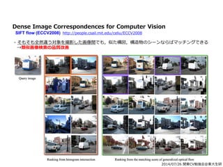 2014/07/26 関東CV勉強会@東大生研
Dense Image Correspondences for Computer Vision
SIFT flow (ECCV2008) http://people.csail.mit.edu/celiu/ECCV2008
- そもそも全然違う対象を撮影した画像間でも，似た構図，構造物のシーンならばマッチングできる
→類似画像検索の品質改善
 