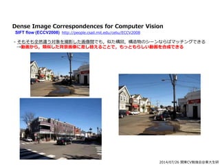 2014/07/26 関東CV勉強会@東大生研
Dense Image Correspondences for Computer Vision
SIFT flow (ECCV2008) http://people.csail.mit.edu/celiu/ECCV2008
- そもそも全然違う対象を撮影した画像間でも，似た構図，構造物のシーンならばマッチングできる
→動画から，類似した背景画像に差し替えることで，もっともらしい動画を合成できる
 
