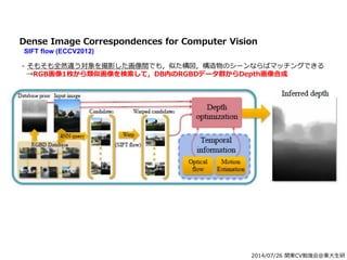 2014/07/26 関東CV勉強会@東大生研
Dense Image Correspondences for Computer Vision
SIFT flow (ECCV2012)
- そもそも全然違う対象を撮影した画像間でも，似た構図，構造物のシーンならばマッチングできる
→RGB画像1枚から類似画像を検索して，DB内のRGBDデータ群からDepth画像合成
 