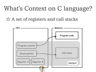 What's Context on C language?What's Context on C language?What's Context on C language?What's Context on C language?What's Context on C language?
☆ A set of registers and call stacks☆ A set of registers and call stacks☆ A set of registers and call stacks☆ A set of registers and call stacks☆ A set of registers and call stacks
 