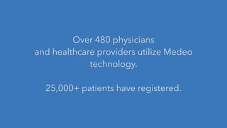 Over 480 physicians
and healthcare providers utilize Medeo
technology.
!
25,000+ patients have registered.
 