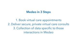Medeo in 3 Steps
!
1. Book virtual care appointments
2. Deliver secure, private virtual care consults
3. Collection of data speciﬁc to those
interactions in Medeo
 