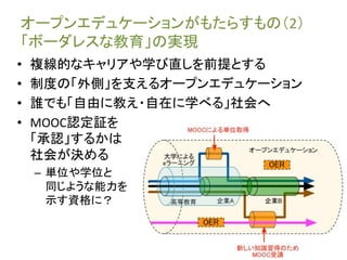 オープンエデュケーションがもたらすもの（2）
「ボーダレスな教育」の実現
• 複線的なキャリアや学び直しを前提とする
• 制度の「外側」を支えるオープンエデュケーション
• 誰でも「自由に教え・自在に学べる」社会へ
• MOOC認定証を
「承認」するかは
社会が決める
– 単位や学位と
同じような能力を
示す資格に？
 