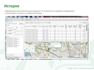 История
Информация о всех событиях происходящих с ТС, включая всю подробную информацию
поступающую с трекера, за выбранный период
 