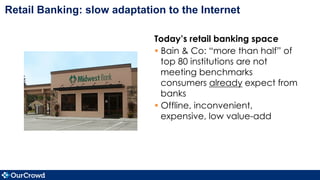 Today’s retail banking space
§ Bain & Co: “more than half” of
top 80 institutions are not
meeting benchmarks
consumers already expect from
banks
§ Offline, inconvenient,
expensive, low value-add
Retail Banking: slow adaptation to the Internet
 