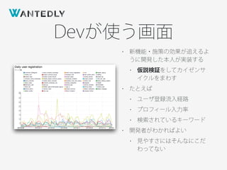 Devが使う画面
• 新機能・施策の効果が追えるよ
うに開発した本人が実装する
• 仮説検証をしてカイゼンサ
イクルをまわす
• たとえば
• ユーザ登録流入経路
• プロフィール入力率
• 検索されているキーワード
• 開発者がわかればよい
• 見やすさにはそんなにこだ
わってない
 