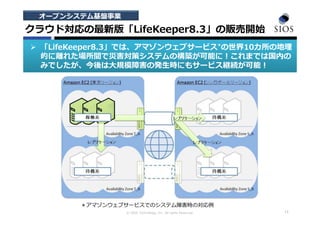 © SIOS Technology, Inc. All rights Reserved. 13
オープンシステム基盤事業
クラウド対応の最新版「LifeKeeper8.3」の販売開始
 「LifeKeeper8.3」では、アマゾンウェブサービス*の世界10カ所の地理
的に離れた場所間で災害対策システムの構築が可能に！これまでは国内の
みでしたが、今後は⼤規模障害の発⽣時にもサービス継続が可能！
＊アマゾンウェブサービスでのシステム障害時の対応例
 