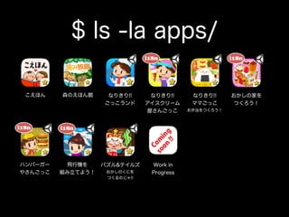 $ ls -la apps/
森のえほん館 なりきり!!
ごっこランド
パズル&テイルズ 
おかしのくにを
つくるのじゃ!!
なりきり!!
アイスクリーム
屋さんごっこ
なりきり!!
ママごっこ
お弁当をつくろう！
こえほん おかしの家を
つくろう！
ハンバーガー
やさんごっこ
飛行機を
組み立てよう！
i18n i18n
i18n i18n
Work in
Progress
 