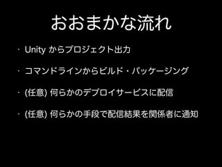 おおまかな流れ
• Unity からプロジェクト出力
• コマンドラインからビルド・パッケージング
• (任意) 何らかのデプロイサービスに配信
• (任意) 何らかの手段で配信結果を関係者に通知
 