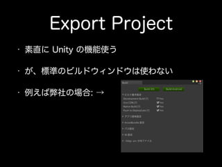 Export Project
• 素直に Unity の機能使う
• が、標準のビルドウィンドウは使わない
• 例えば弊社の場合: →
 
