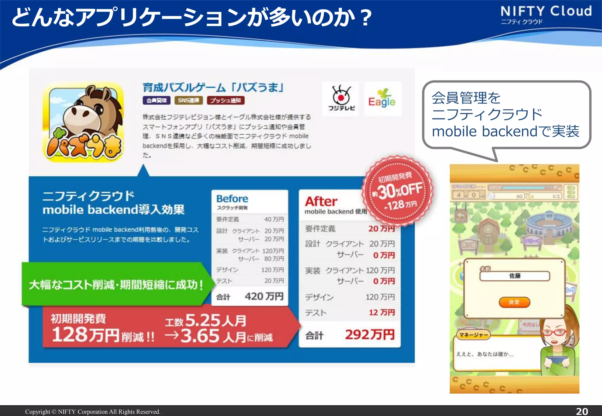 Copyright © NIFTY Corporation All Rights Reserved. 
20 
どんなアプリケーションが多いのか？ 
会員管理を 
ニフティクラウド 
mobile backendで実装  