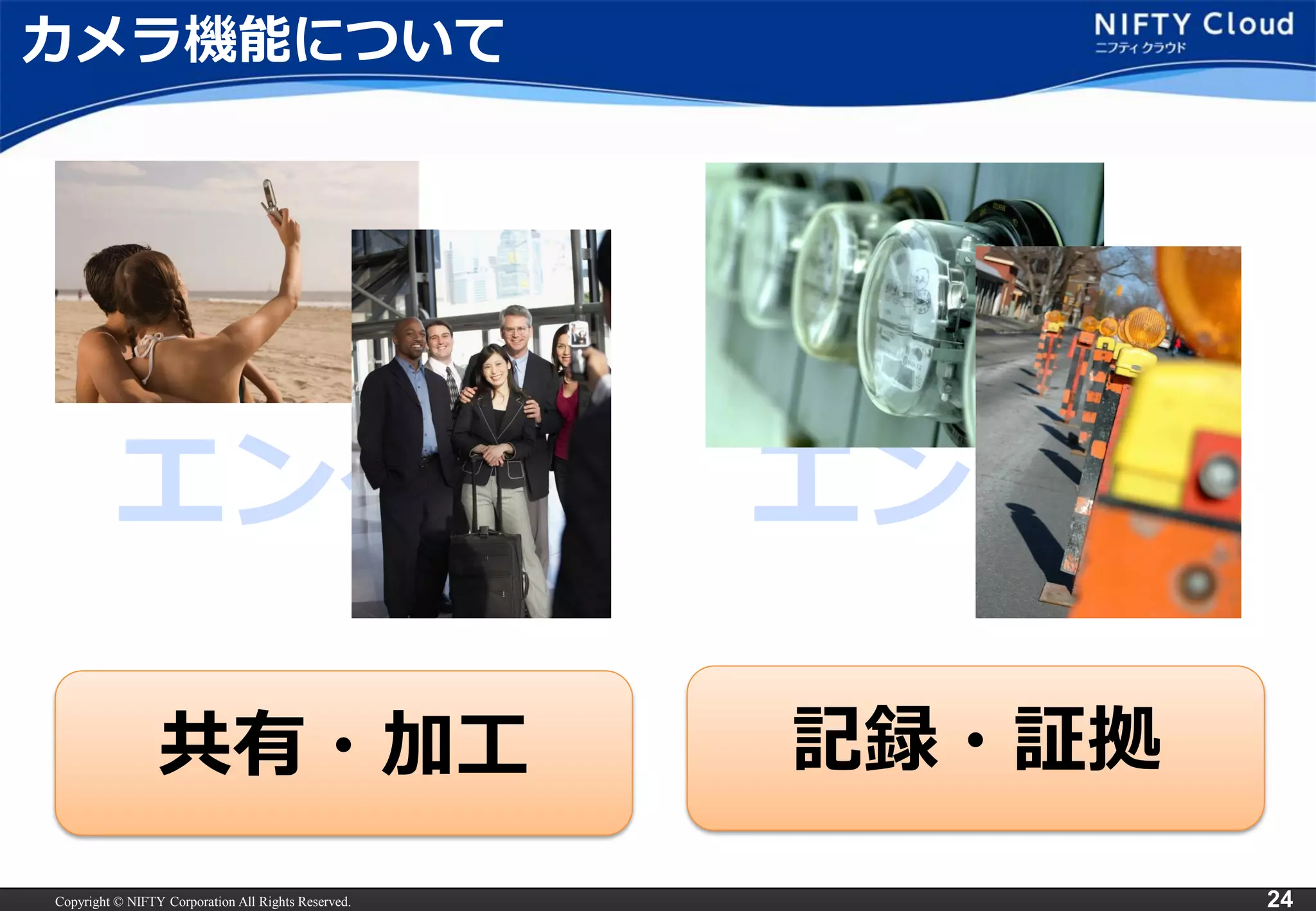 Copyright © NIFTY Corporation All Rights Reserved. 
24 
エンタメ 
エンプラ 
カメラ機能について 
共有・加工 
記録・証拠  