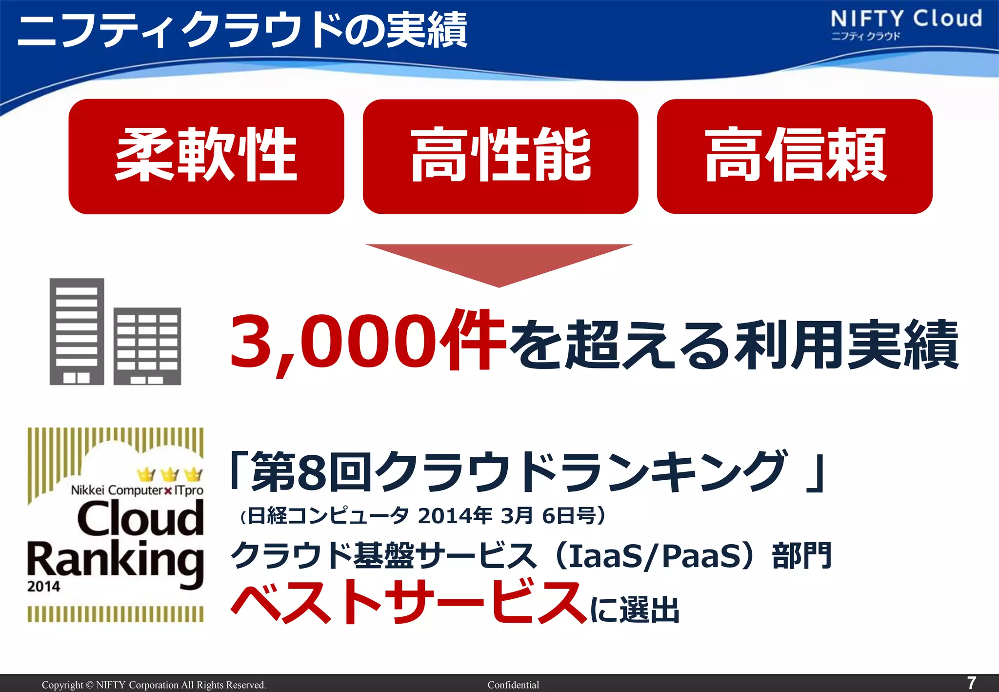 Copyright © NIFTY Corporation All Rights Reserved. 
Confidential 
7 
ニフティクラウドの実績 
柔軟性 
高性能 
高信頼 
「第8回クラウドランキング」 
（日経コンピュータ2014年3月6日号） 
クラウド基盤サービス（IaaS/PaaS）部門 ベストサービスに選出 
3,000件を超える利用実績  