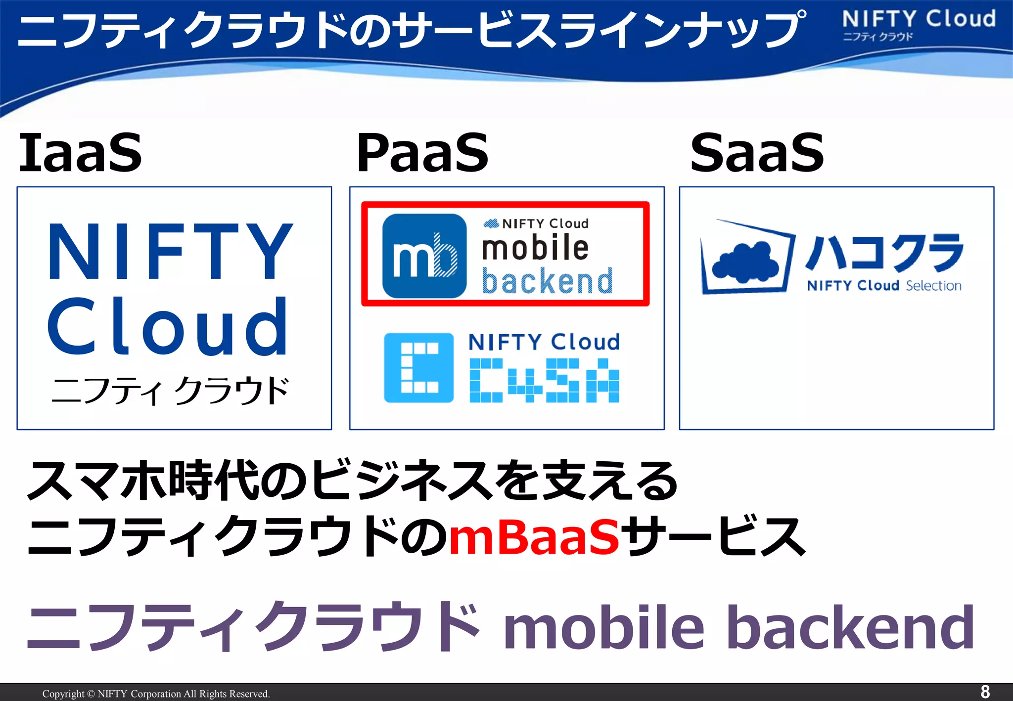 Copyright © NIFTY Corporation All Rights Reserved. 8 
ニフティクラウドのサービスラインナップ 
IaaS PaaS SaaS 
スマホ時代のビジネスを支える 
ニフティクラウドのmBaaSサービス 
ニフティクラウドmobile backend 
 